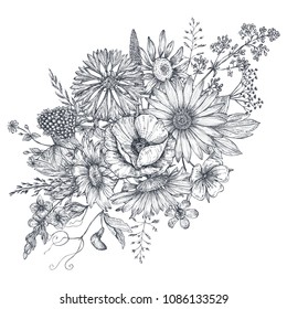 Floral composition. Bouquet with hand drawn flowers and plants. Monochrome vector illustration in sketch style