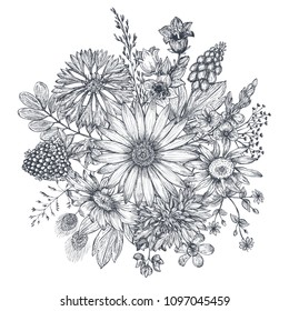 Floral composition. Bouquet with hand drawn flowers and plants. Monochrome vector illustration in sketch style.