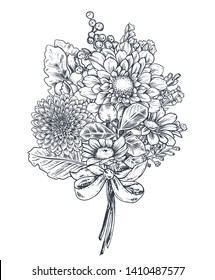 Floral composition. Bouquet with hand drawn flowers and plants. Monochrome vector illustration in sketch style. Chamomile, chrysanthemum, gerbera