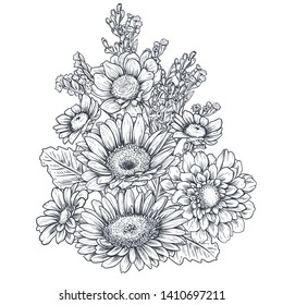 Floral composition. Bouquet with hand drawn flowers and plants. Monochrome vector illustration in sketch style. Chamomile, chrysanthemum, gerbera