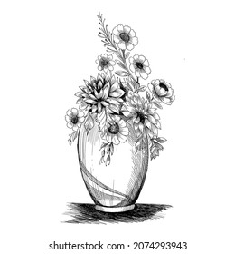 Floral composition. Bouquet with hand drawn spring flowers and plants