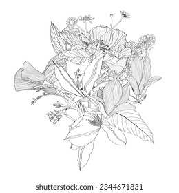 Floral composition. Bouquet with hand drawn flowers and plants. Monochrome line illustration in sketch style.