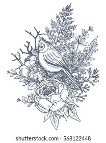 Floral composition. Bouquet with hand drawn flowers, plants and birds. Monochrome vector illustration in sketch style