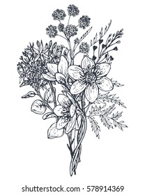 Floral Composition. Bouquet With Hand Drawn Flowers And Plants. Monochrome Vector Illustration In Sketch Style.