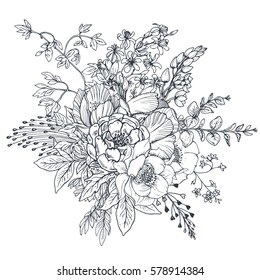 Floral Composition. Bouquet With Hand Drawn Flowers And Plants. Monochrome Vector Illustration In Sketch Style
