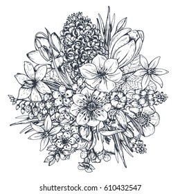 Floral composition. Bouquet with hand drawn spring flowers and plants. Monochrome vector illustration in sketch style