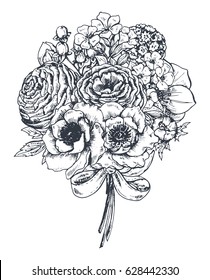 Floral composition. Bouquet with hand drawn spring flowers and plants. Monochrome vector illustration in sketch style