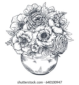 Floral composition. Bouquet with hand drawn spring flowers and plants. Monochrome vector illustration in sketch style.