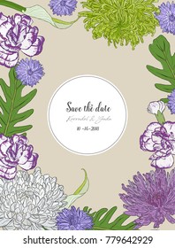 Floral composition. Bouquet with hand drawn spring flowers and plants. Monochrome vector illustration in sketch style.