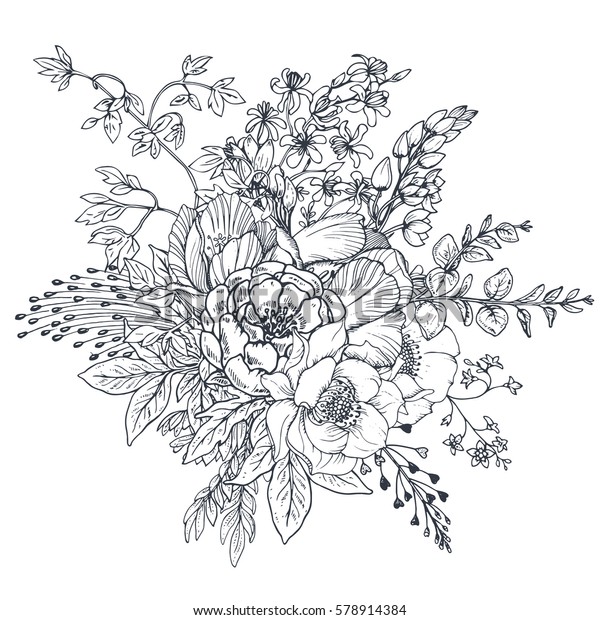 花柄 手描きの花と植物の花束 スケッチスタイルのモノクロベクターイラスト のベクター画像素材 ロイヤリティフリー