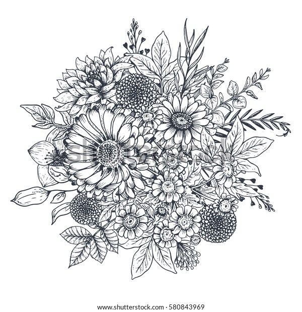 Floral Composition Bouquet Hand Drawn Flowers Stock Vector Royalty Free