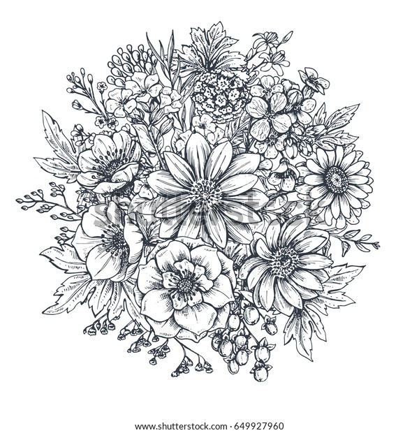 花柄 手描きの春の花と植物の花束 スケッチスタイルのモノクロベクターイラスト のベクター画像素材 ロイヤリティフリー