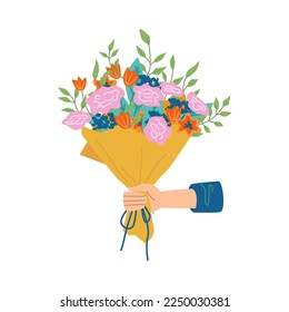 Floral composition in bouquet, isolated of hand holding flowers in blossom. Botany and decoration. Decorative botany, flora and branches with petals and leaves, vector in flat cartoon style