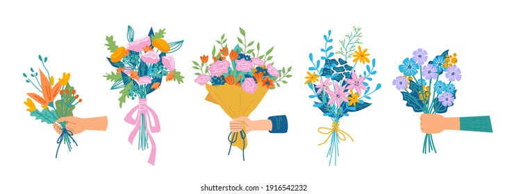 Floral composition in bouquet, isolated set of hands holding flowers in blossom. Botany and decoration. Decorative botany, flora and branches with petals and leaves, vector in flat cartoon style