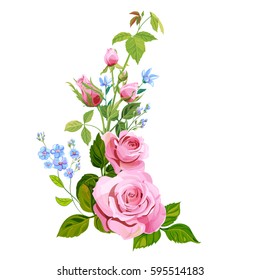 Floral composition: bouquet pink rose, blue flowers forget-me-not, buds, green stems, leaves on white background, digital draw illustration, concept for design, vintage, vector