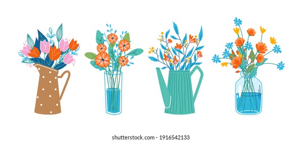 Floral composition in bouquets, flowers in blossoms in decorative vases and water cans, glasses. Vector tulips and peonies, 8 March and birthday gifts, decorations. Spring and summer blooming plants