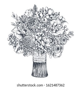 Floral composition. Bradal bouquet with beautiful hand drawn flowers, plants, ribbon. Monochrome vector illustration in sketch style for wedding romantic design