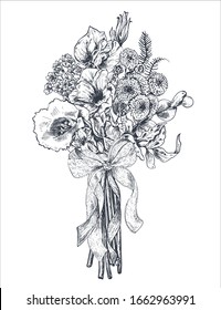 Floral composition. Bradal bouquet with beautiful hand drawn flowers, plants, ribbon. Monochrome vector illustration in sketch style for wedding romantic design