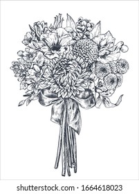 Floral composition. Bradal bouquet with beautiful hand drawn flowers, plants, ribbon. Monochrome vector illustration in sketch style for wedding romantic design.