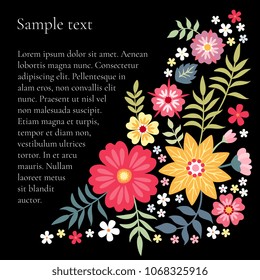 Floral composition with bright summer flowers and place for text. Beautiful template for cards, flyers, invitations. Vector illustration.