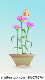 Floral composition with butterfly and three flowers in a spot. Vector illustration.
