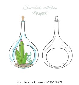 floral composition with cactus in decorative glass bottle, vector illustration