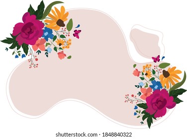 Floral composition card design, frame with flowers in cartoon style