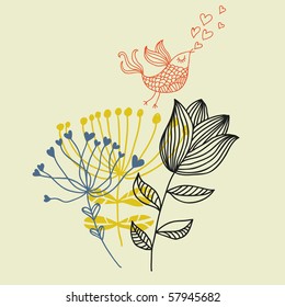 Floral composition with cartoon bird