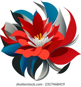 Floral composition in a circle with blue and red flowers on a white background