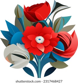 Floral composition in a circle with blue and red flowers on a white background