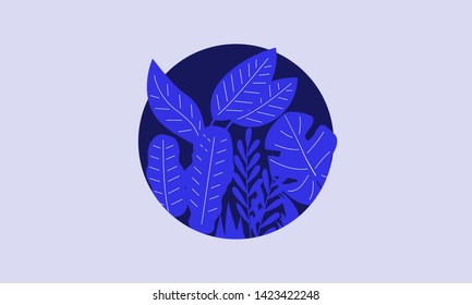 Floral composition in circle. Modern logo, poster, emblem template. Leaves and plants abstract design. Vector illustration