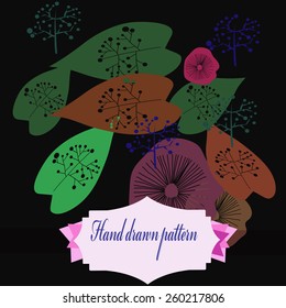 Floral  composition of colored branches, leaves, label. Hand drawn.