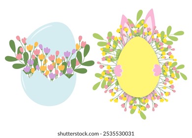 Floral composition in cracked eggshell and Easter bunny behind egg shape frame with twigs Set of 2