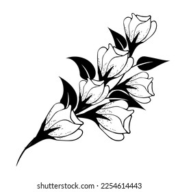 La composición floral es delicada, de fondo floral con flores delicadas y ramas de capullos. Dibujo manual. Para decoración estilizada, invitaciones, tarjetas, carteles, volantes, fondos como clipart o colorido