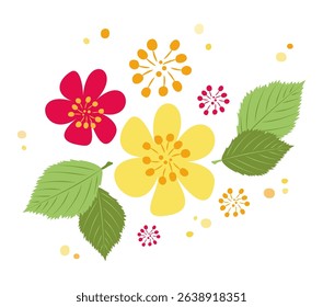Floral composition in flat style. Bright spring and summer flowers and leaves surrounded by orange circles. Vector isolated illustration for holiday and wedding design