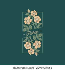 Composición floral con flores, ramas y hojas. Diseño para etiqueta, invitación, tarjeta, afiche. Ilustración vectorial.