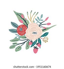 Floral composition with flowers, branches, strawberry, berries .Ready design for greeting card, posters, apparel