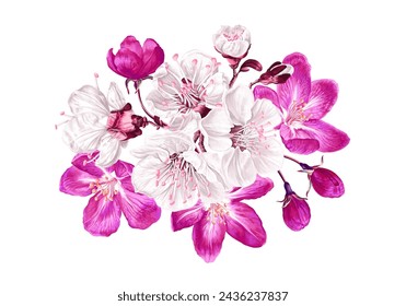 Floral composition with flowers of fruit trees. Botanical illustration with hand drawn spring plants in high detail. White and pink sakura, cherry, apricot, apple or cherry blossoms