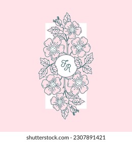 Floral composition with flowers and leaves. Design for label, invitation, card, poster. Linear graphic style. Vector illustration.