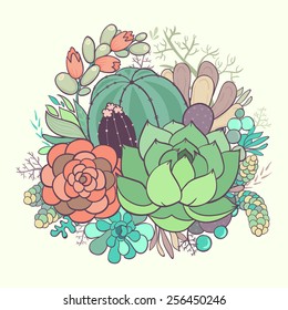 Floral composition of flowers and succulents.