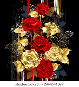 Floral composition of gold, jewelry, shiny roses and red, blooming roses on dark background painted over with large strokes of paint. Gold Rose. Art Painting.