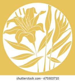 Floral composition with golden lily flower, buds and leaves on white background. Can be used as a print for textile, tableware, ceramic tiles, or other home decor items. Vector illustration. 