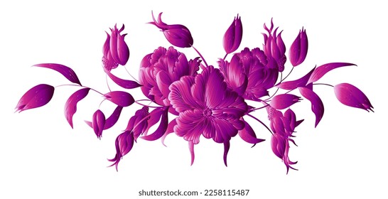 Floral composition, gradient, floral background with tender flowers and branches of buds. Hand drawing. For stylized decor, invitations, cards, posters, flyers, backgrounds, as clipart