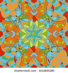 Floral composition, hand painted, delicate template. Stylish invitation for valentines day and greeting card concept. Scenic flower pattern. Top view, soft orange, green and blue color style.