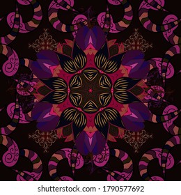 Floral composition, hand painted, delicate template. Stylish invitation for valentines day and greeting card concept. Top view, soft black, purple and magenta color style. Scenic flower pattern.
