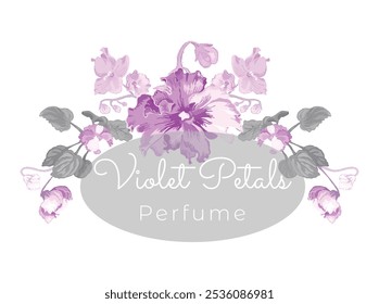 Floral composition from hand-drawn houseplants made as a prolonged, slightly arched-down bouquet or border. Delicate African violets for cosmetic products. Sample text for floral product label.