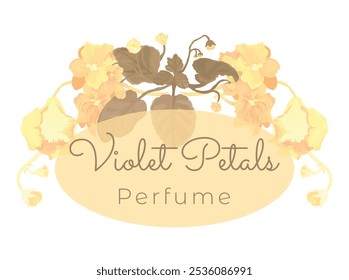 Floral composition from hand-drawn houseplants made as a prolonged, slightly arched-down bouquet or border. Delicate African violets for cosmetic products. Sample text for floral product label.