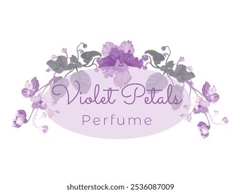 Floral composition from hand-drawn houseplants made as a prolonged, slightly arched-down bouquet or border. Delicate African violets for cosmetic products. Sample text for floral product label.