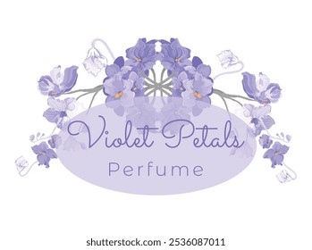 Floral composition from hand-drawn houseplants made as a prolonged, slightly arched-down bouquet or border. Delicate African violets for cosmetic products. Sample text for floral product label.