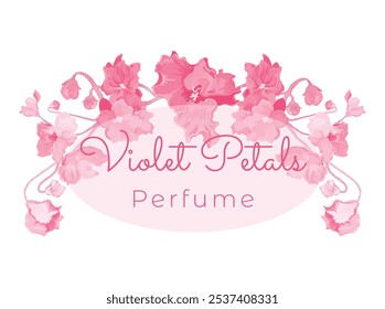 Floral composition from hand-drawn houseplants made as a prolonged, slightly arched-down bouquet or border. Delicate African violets for cosmetic products. Sample text for floral product label.